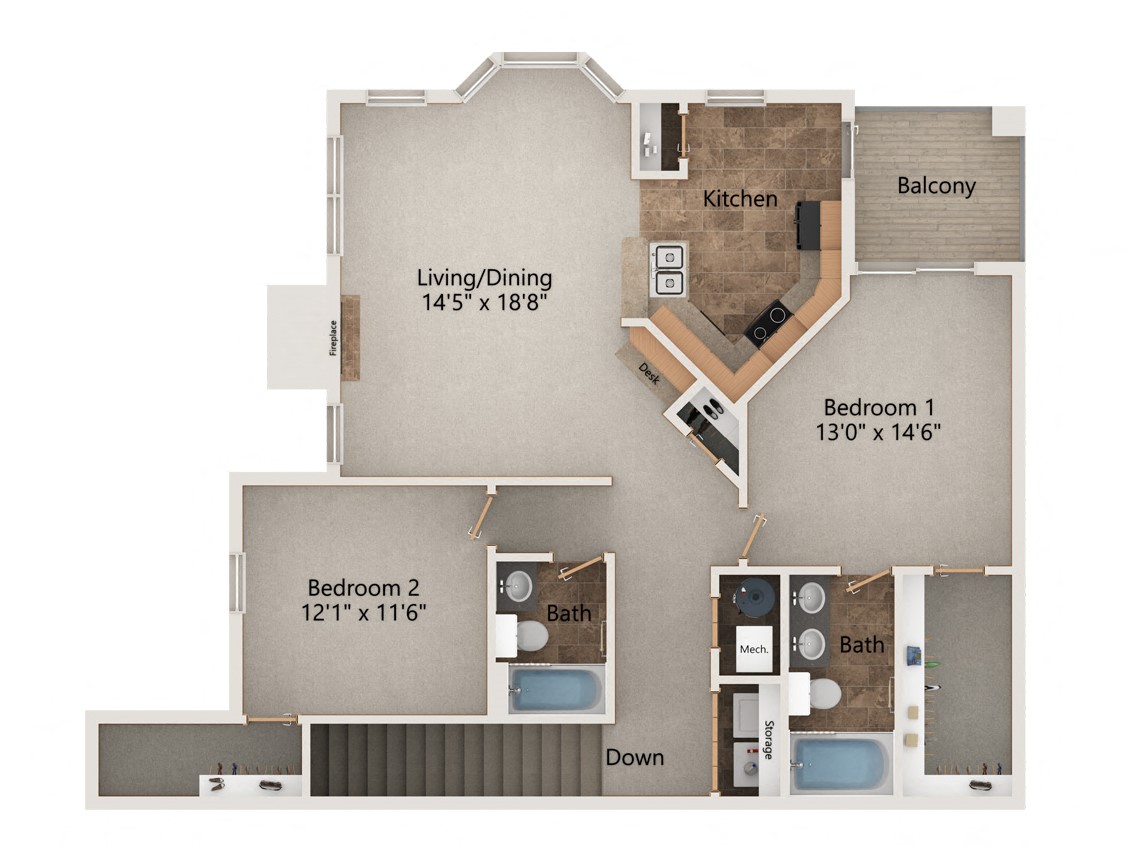 Floor plan for 2 beds, 2 baths, 1203 sqft